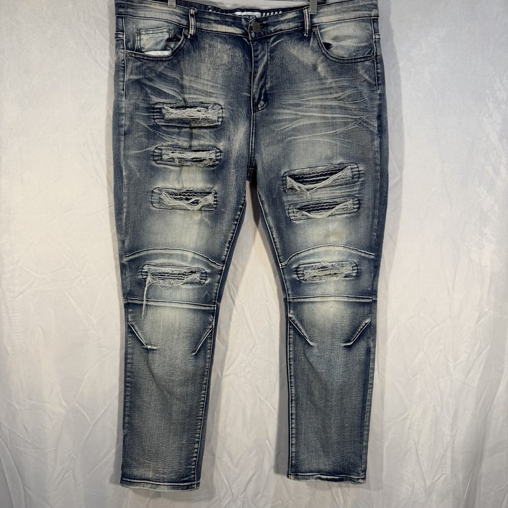 R GSTR‎ Jeans Blue Distressed Acid Washed Denim Actual 42x32 Size! Stretch